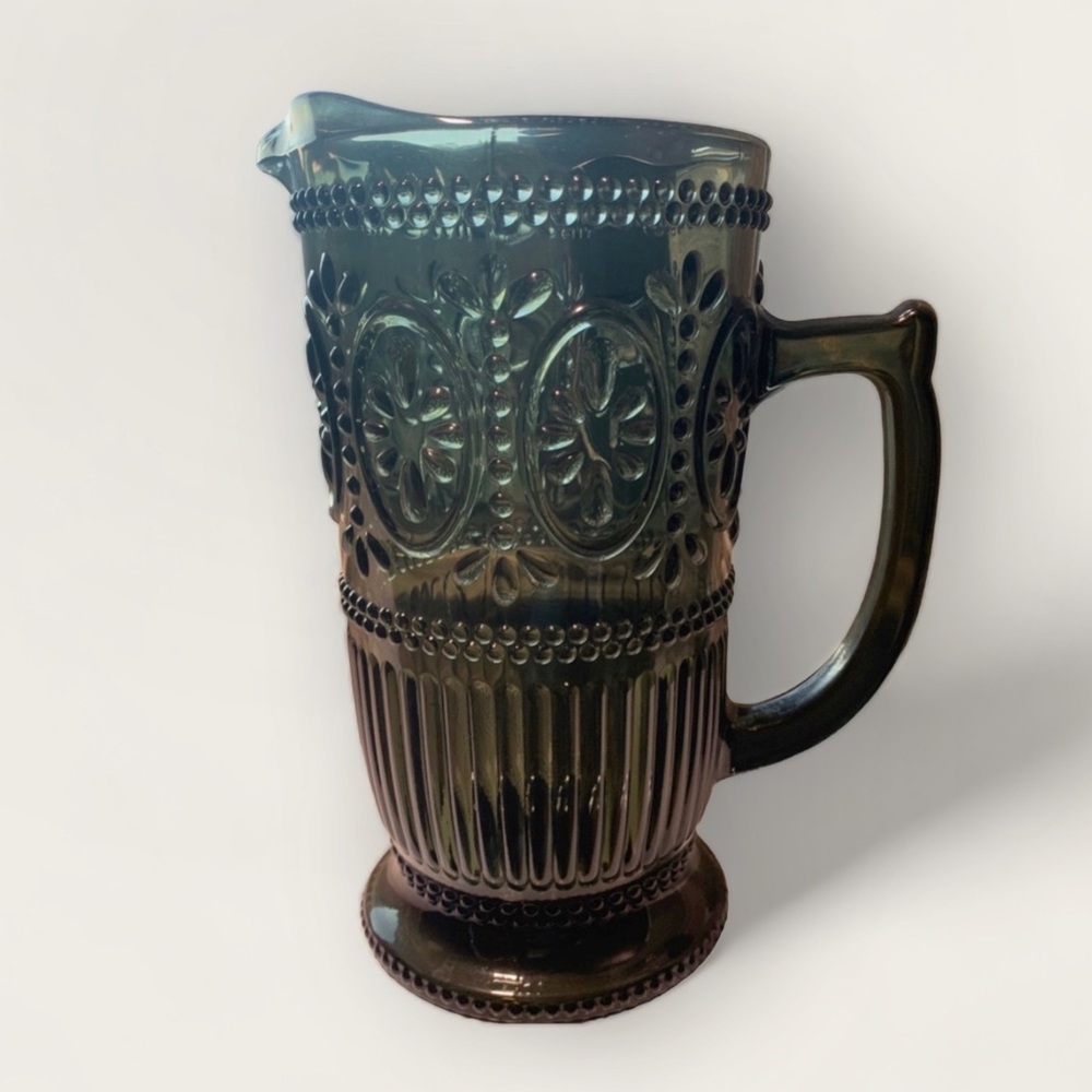 Forest Green Glass Pitcher, Ice Lip, Floral Pattern, Holds 40 oz., 8.88"Tall